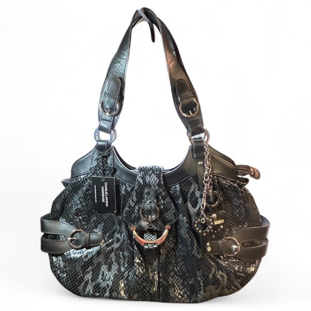 Charlie Lapson Black Metallic Snakeskin Hobo Bag NWT Designer Purse MSRP $350